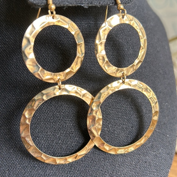 Double Hoop Gold Hammered Earrings - Picture 2 of 4